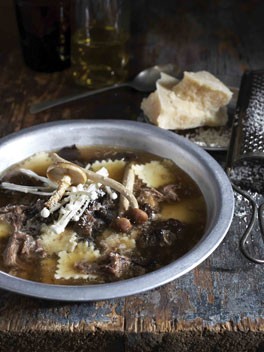 Oxtail broth with fresh pasta squares and dried wild forest mushrooms