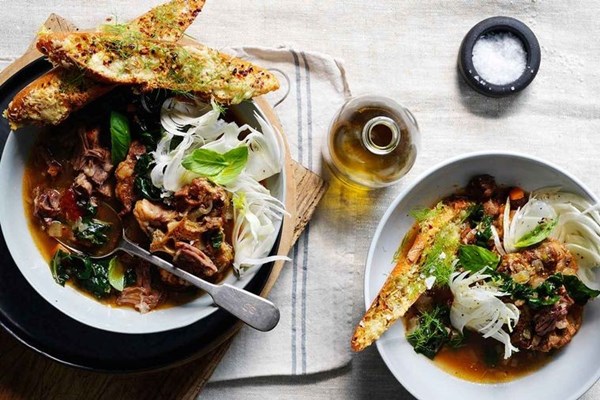 Oxtail, silverbeet & chickpea soup with Parmesan dippers