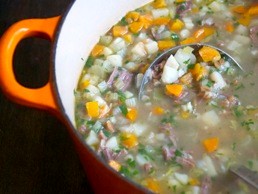 Oxtail soup with farro and root vegetables