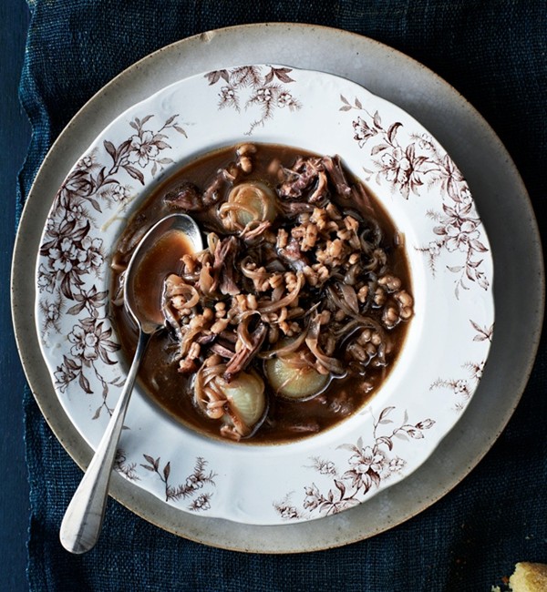 Oxtail soup with onions and barley