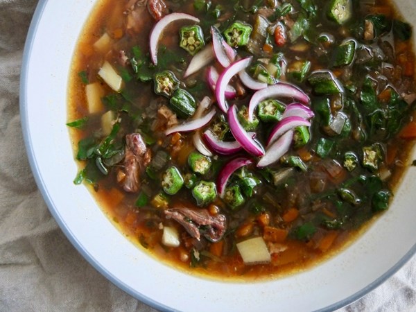 Oxtail soup with Scotch bonnet, potatoes and crispy okra
