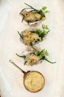 Oyster & lemon balm fritters (Oyster and lemon balm fritters with brown crab mayonnaise)