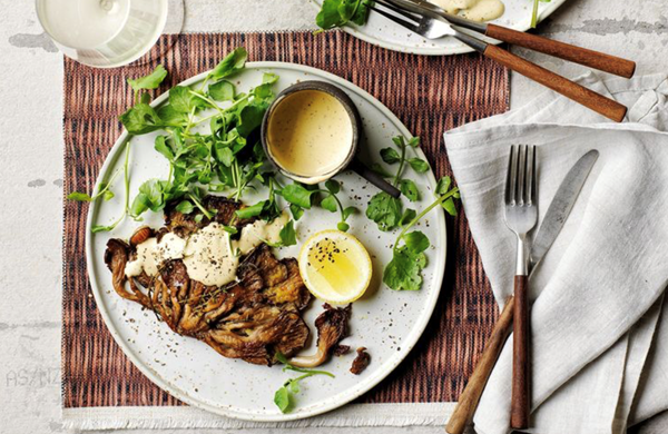 Oyster mushroom 'steaks' with duck yolk sauce