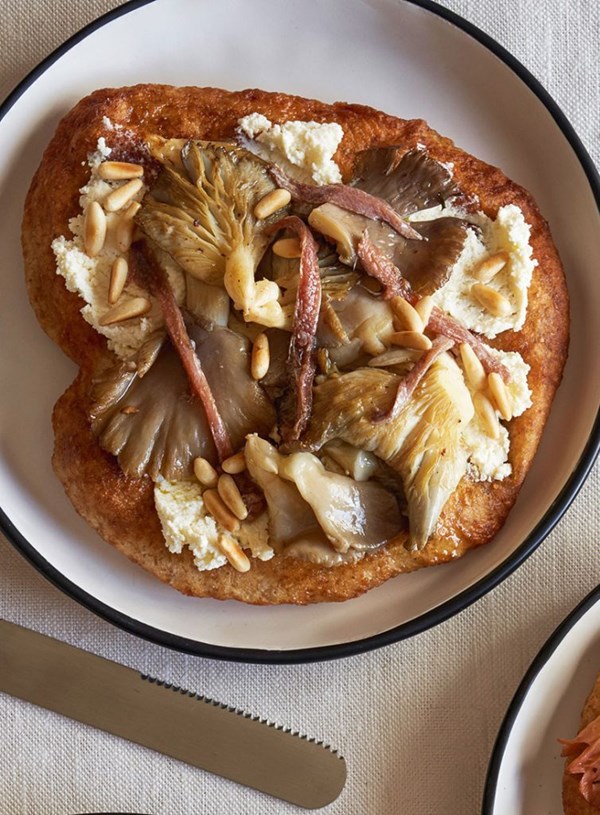 Oyster mushrooms with anchovy & ricotta pizza fritta