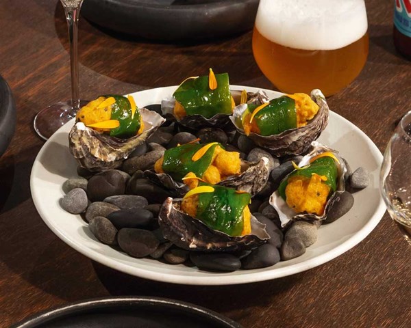 Oyster pakora with tomato kasundi & sorrel