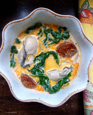 Oyster stew with chorizo and spinach