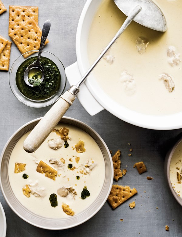 Oyster stew with twice-fried saltines and charred turnip relish