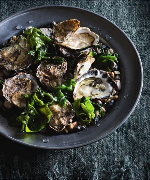 Oysters and pickled seaweed