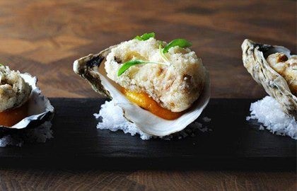 Oysters in crispy tempura batter with apricot purée