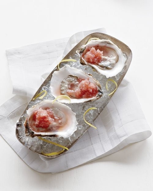 Oysters on the half shell with watermelon granita