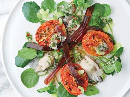 Oysters, roast tomatoes, celery, dashi jelly and chillied sesame dressing