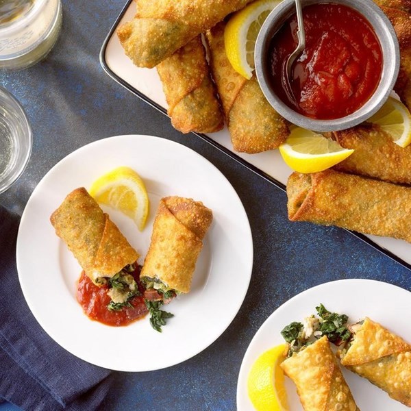 Oysters Rockefeller egg rolls