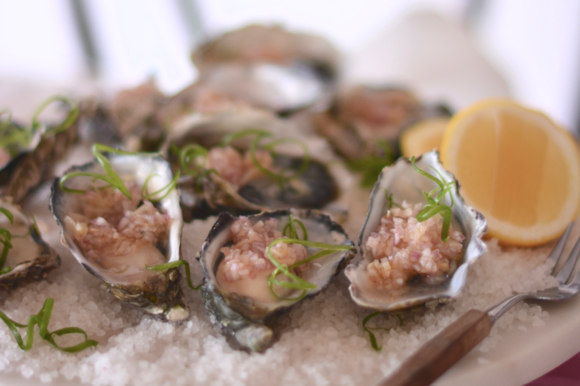 Oysters with eschalottes and verjuice pickled ginger