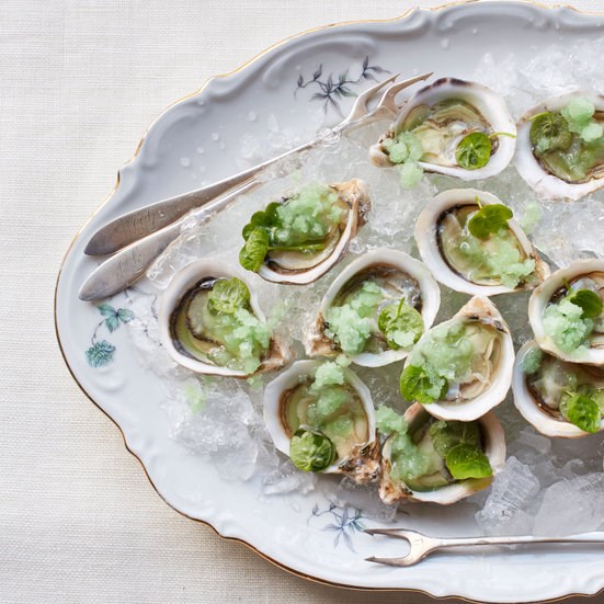 Oysters with green apple and wasabi granita