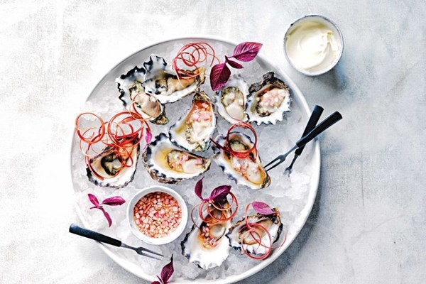 Oysters with mignonette, crème fraîche and rhubarb