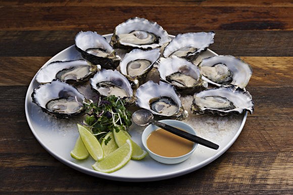Oysters with pear, miso & ginger vinaigrette
