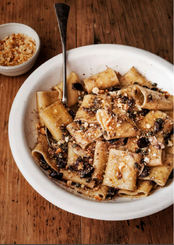 Paccheri with capers, olives, anchovies, and fried bread crumbs (Paccheri alla cilentana)