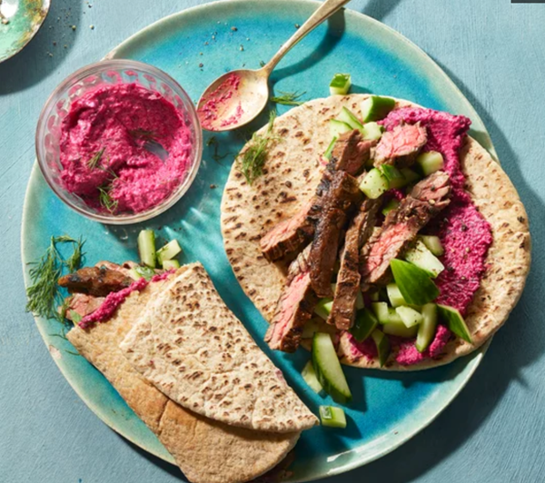 Padma's beef shawarma with beet yogurt sauce