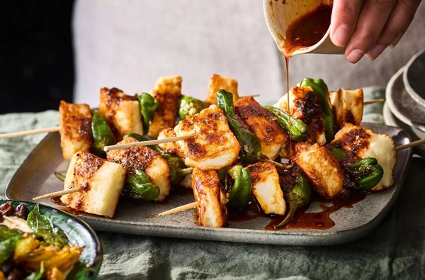 Padrón pepper & halloumi skewers with sweet-smoky honey drizzle