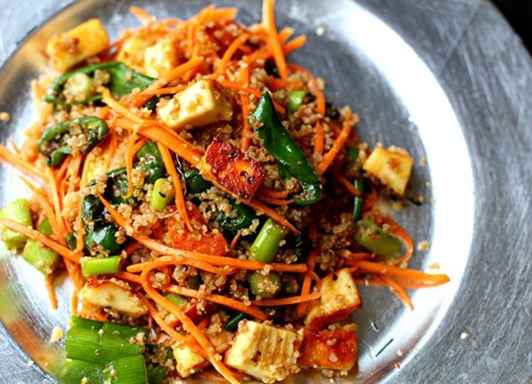 Padrón pepper, paneer, carrot and quinoa salad in a teriyaki dressing