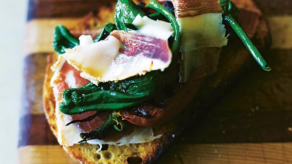  Padrón peppers, jamón and grilled tomato toasts