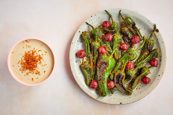  Padron peppers with smoked paprika crumb and grape ajo blanco
