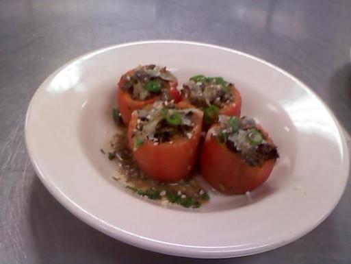 Paella style baked & stuffed heirloom tomatoes 