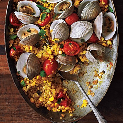 Paella with poblanos, corn, and clams