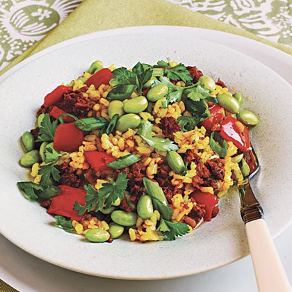 Paella with soy chorizo and edamame