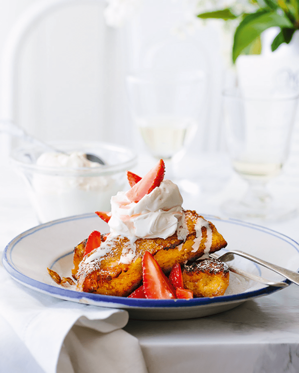 Pain perdu with elderflower strawberries and maple cream