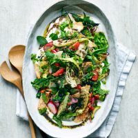 Pak choi fattoush with yogurt and sumac dressing