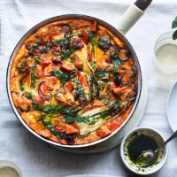 Pak choi, sweet potato and chorizo frittata