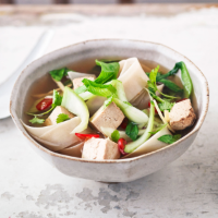 Pak choi, tofu and rice noodle soup