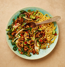 Pak choi with sambal tofu and cucumber pickle
