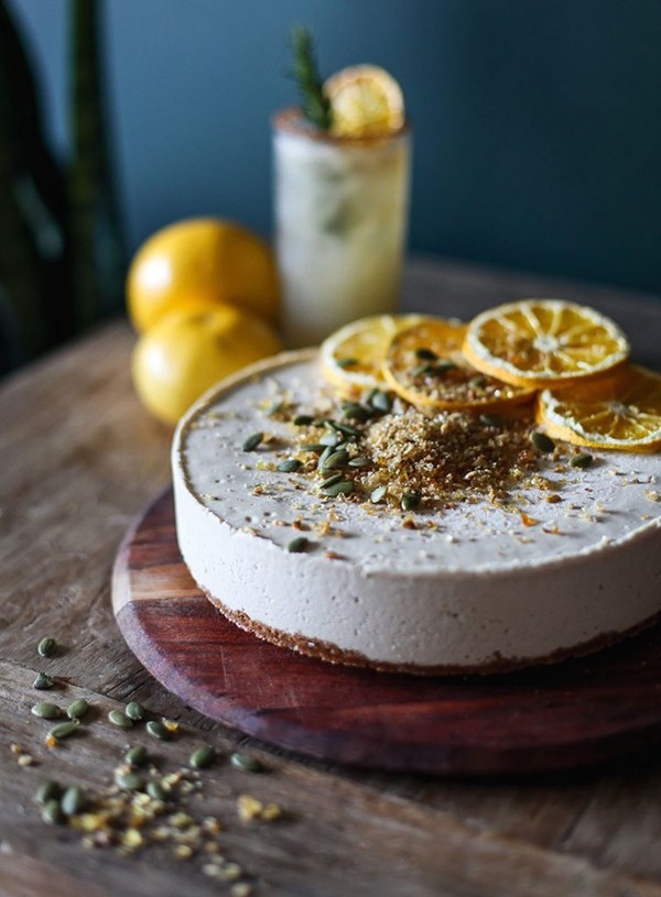 Paloma cashew cheesecake with grapefuit, tequila & rosemary
