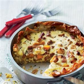 Pan-baked squash, bacon and feta filo tart