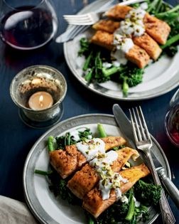 Pan-fried Arctic char with garam masala, broccolini, and yogurt sauce