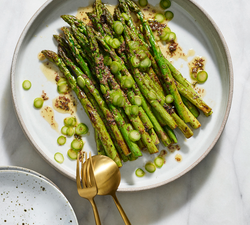 Pan fried asparagus with cultured seaweed butter