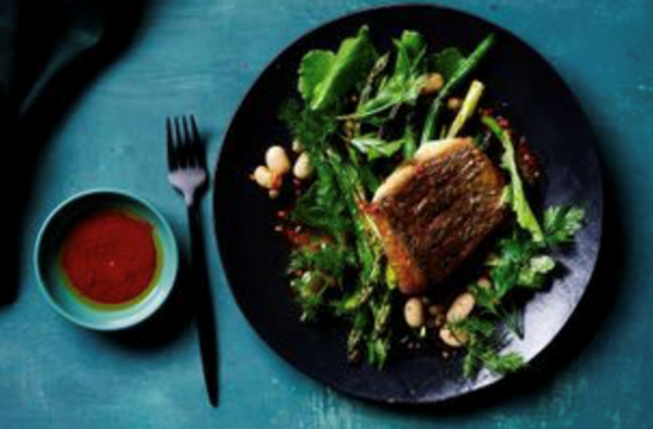 Pan-fried barramundi with charred asparagus, beans and Calabrian chilli