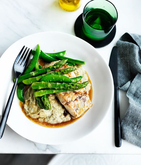 Pan-fried barramundi with eggplant and miso purée