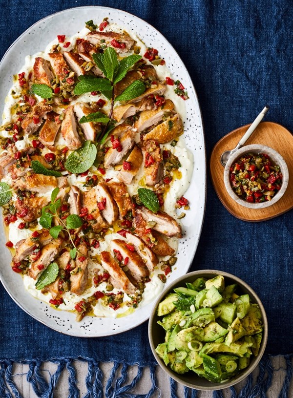 Pan-fried chicken thighs with Mediterranean salsa