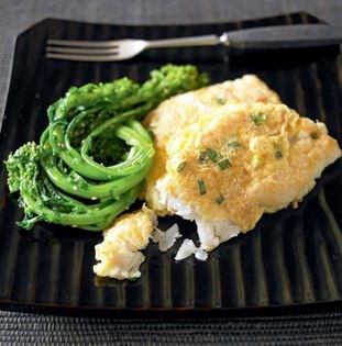 Pan-fried cod with broccoli rabe (Saengsun jeon)