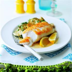 Pan-fried cod with creamy new potatoes and courgettes