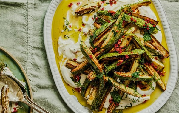 Pan-fried courgette spears with yogurt, chilli, mint and dill
