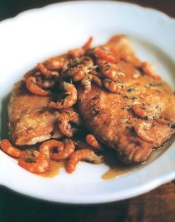 Pan-fried dabs with prawns