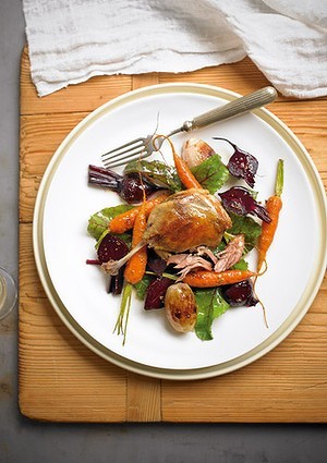 Pan-fried duck confit with baby beet salad