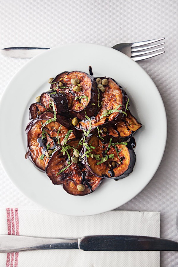 Pan-fried eggplant with balsamic, basil, and capers