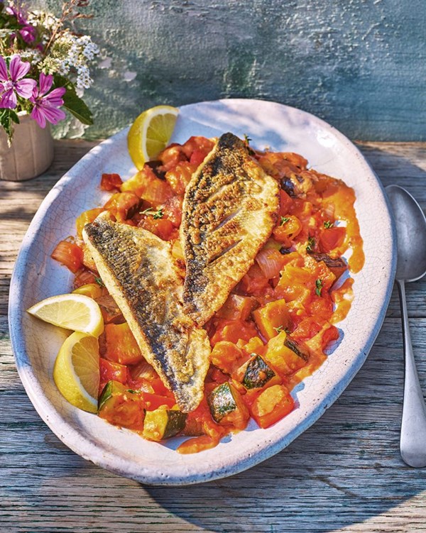 Pan-fried fillet of sea bream with ratatouille and tomato coulis 
