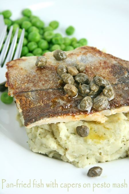 Pan-fried fish fillets with capers on pesto mash