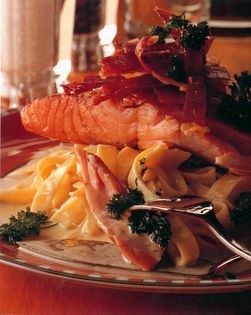 Pan-fried fish with anchovy cream noodles, crispy Bayonne ham and parsley